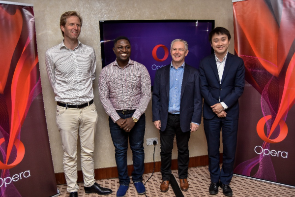 Opera’s Africa VP Richard Monday (third from left) says the firm will build a platform to strengthen the continent’s internet ecosystem. Also pictured from left to right: Jørgen Arnesen, global marketing head; Folarin Komaiya, business development director, Opera Nigeria; and Song Lin, COO, Opera Software.